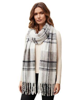 Steve Madden Black White Plaid Fringe Blanket Scarf 20"x80" Cozy Neutral Warm